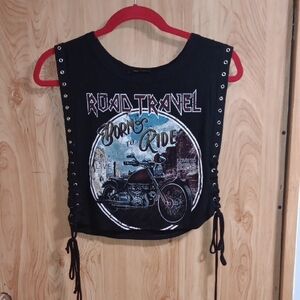 Black Sleeveless Graphic Top with Motorcycle Design